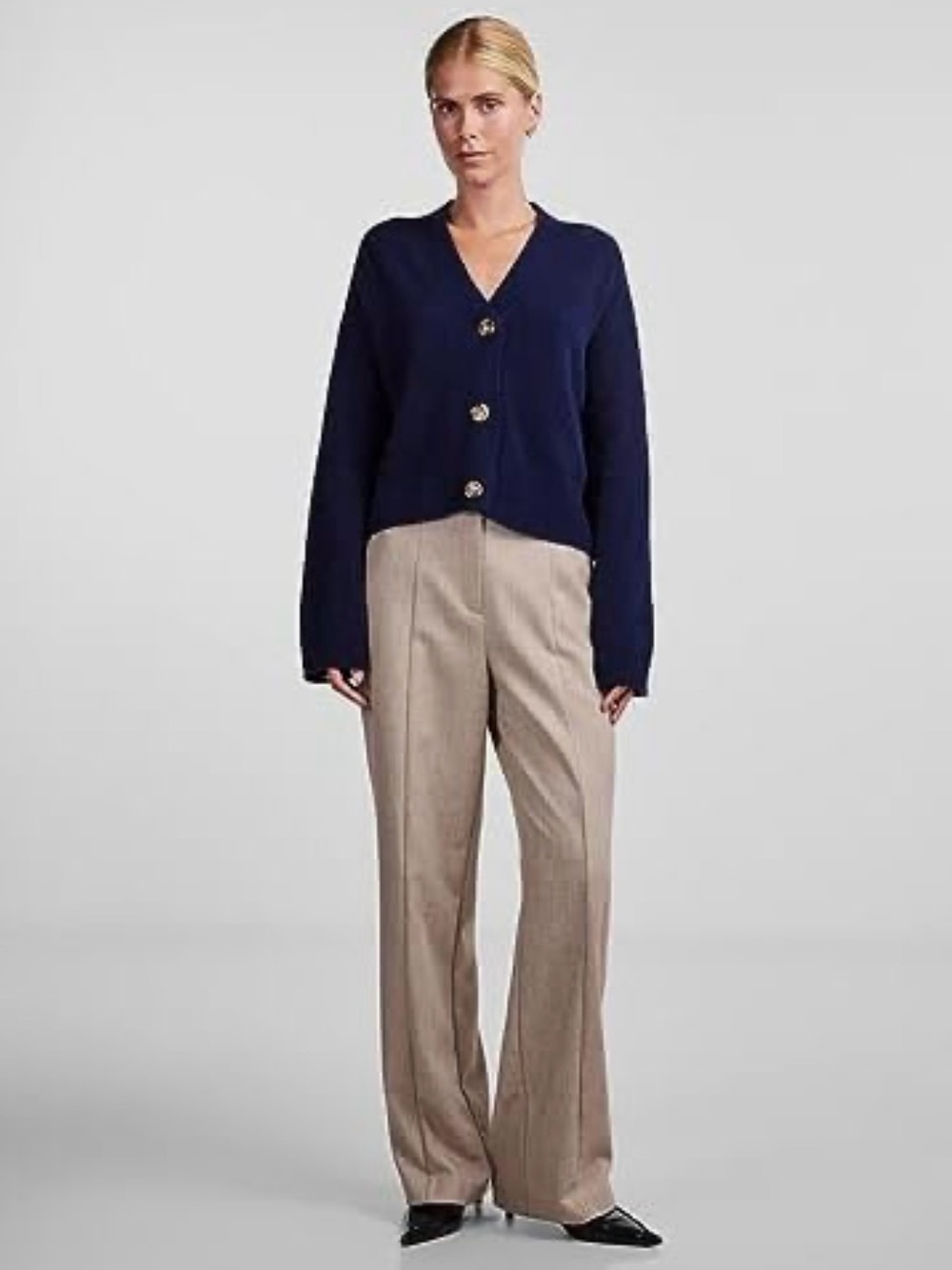 YAS Classic V-Neck Navy Button-Front Women's Cardigan Sweater - Picture 5 of 5